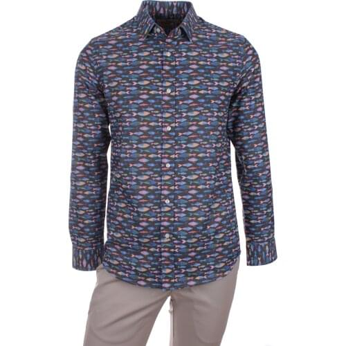 Gentilbay Mens Sea Fish Printed Black Slimfit Long-Sleeve Sport Shirt DPD153