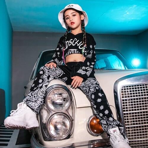 New Hip Hop Dance Costumes Kids Girls' Black Long Sleeve Tops Pants Childrens Autumn School Stage Performance Outfits BL2740