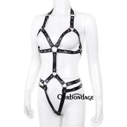 Ourbondage Women Harness BDSM Bondage PU Leather Body Chest Harness Strap With Shoulder and Double Waist Belt For Women Sex Toy