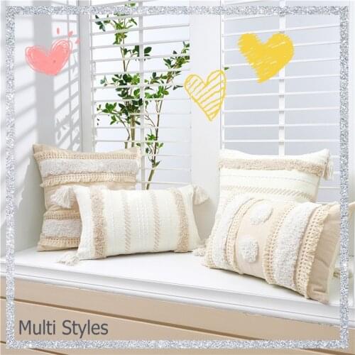 Tassels Cushion Cover Beige Boho Pillowcase with Tassels Tufted Home Decor Handmade Woven Pillowcase Sofa Living Room Decoration