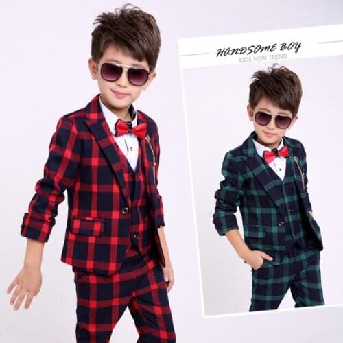 Boys Casual Plaid Suits 3 Pcs Set Spring Autumn Childrens Clothes Kids Students Leisure Jacket + Vest Coat + Pants 3-11Y P195