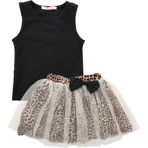 2PCS Fashion Casual Newborn Toddler Baby Girls Sleeveless O-Neck Pullover Black Shirt Tops Print Lace Skirt Outfit Summer Party