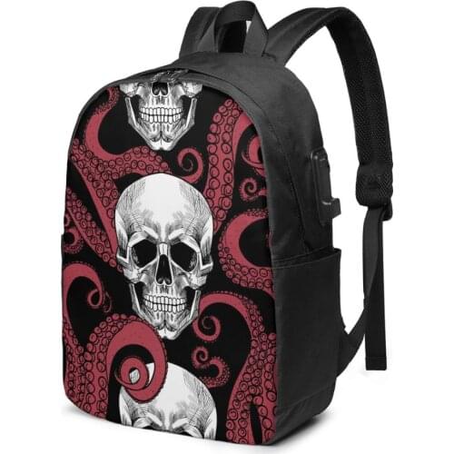 School Bag for Boy and Girl Skull And Red Octopus Tentacles Backpack with USB Charging Funny Daypack For Teenager Student