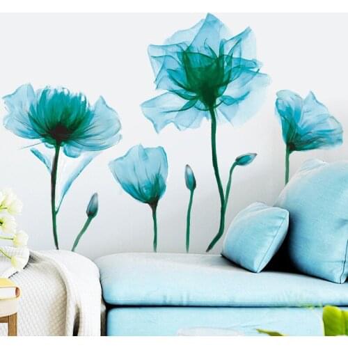 Bule Wall Stickers Flowers Dressing Room Decoration Bedroom Wardrobe Door Wall Decorative Decals Furniture Wallpaper Vinyl Mural