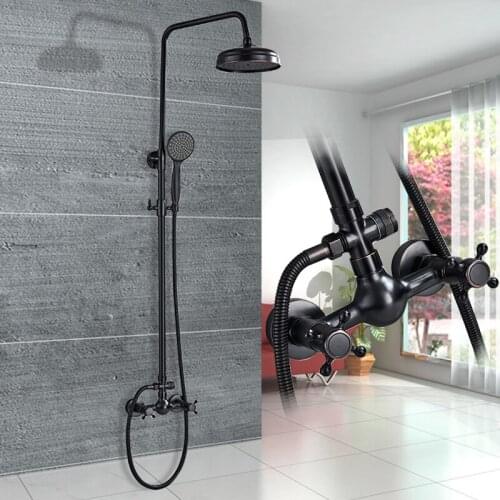 Black Bronze Shower Faucets 8" Rainfall Shower Head Bath Shower Faucet Wall Mounted Dual Handle Bathroom Shower With Handshower