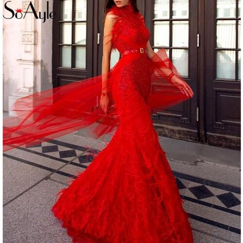 SoAyle High Neck Red Evening Dresses Lace Applique Mermaid Gorgeous Feathers Prom Gowns Backless Belt Vestidos Long