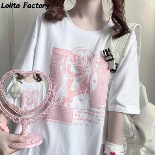 Harajuku Kawaii Short Sleeve T-shirt Women Girl Summer Tops Student Lolita Tees Shirt Mask Sweet girl t shirt Clothes T101