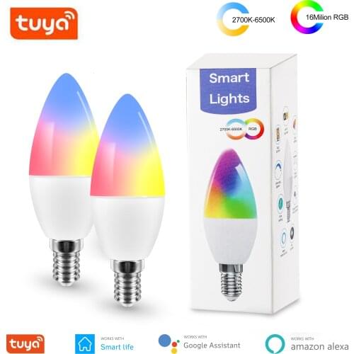 Tuya Smart Wifi LED Bulb E14 RGB Dimmable Light Candle Bulb Work With Alexa Echo Google Home Assistant No Hub Required 2 Packs