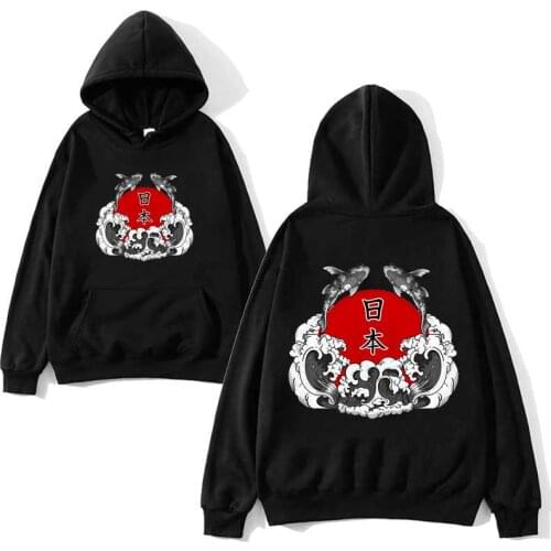 Japanese Hoodies Koi and sun print Pullover Wholesale Streetwear Sweatshirts Casual Hoodies drop shipping men clothes plus size