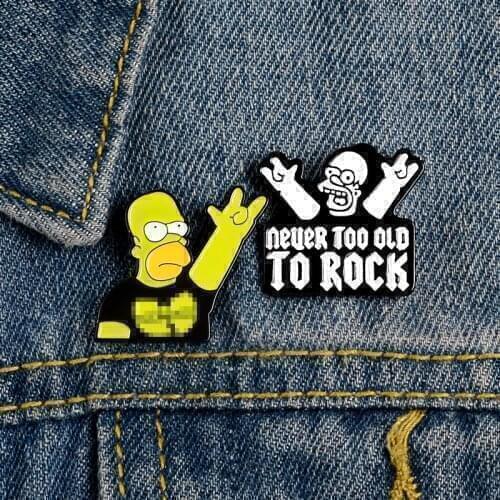 Punk Jewelry NEVER TOO OLD TO ROCK Enamel Pin Rock and Roll Band Simpson Brooch Shirt Lapel Bag Funny Badge Cartoon Gift for