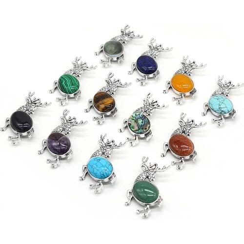 Alloy Sika Deer-Shaped Brooch Natural Tiger Eye Stone Amethyst Malachite Agate Opal Brooch Pin for Unisex Jewelry Gifts 45x55mm