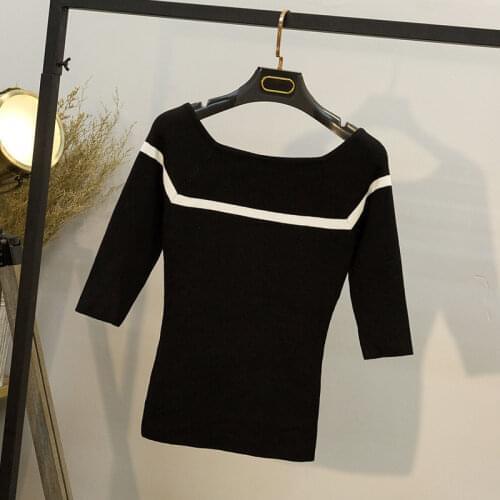 2021 Off Shoulder Top Korean Sexy Shirt Black White T Shirt Cotton Stretch Knitted Half Sleeve Boat Neck Ladies Clothes Casual