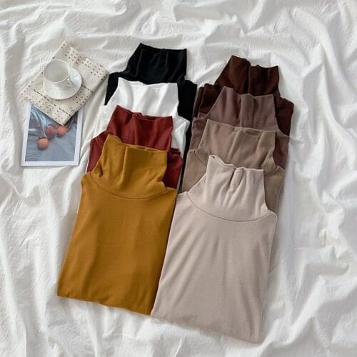 2021 Autumn New Women T-shirts Turtleneck Long-sleeved Solid Slim Female Casual Slim Buttoming Female Shirts Outwear Tops Tees