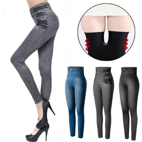 Women Fashion Faux Denim Leggings High Waist Slim Seamless Leggings Sexy Long Jeans Printing Fitness Legging Casual Pencil Pants