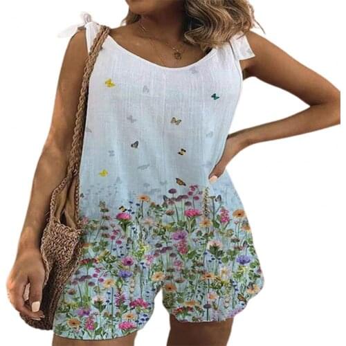 Wide Leg Sling Women Jumpsuit Sleeveless Flower Print O Neck Summer Jumpsuit Casual Overalls Short Pants Suspender Jumpsuit