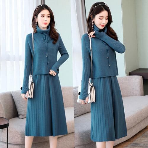 2021 Women Knit Two Piece Set Solid Color Bodycon Mini Dresses and Long Sleeve Knit Pullovers Suits Ladies Clothing Suits Q123