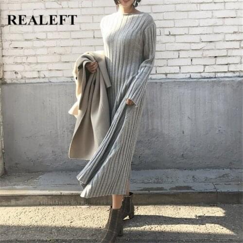 REALEFT 2021 New Vintage Knitting Dresses Winter Fashion Solid Color Casual Waist Long Sleeve Womens Long Sweater Dress Female