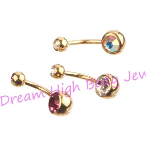 Gold Belly Rings bar Anodized Double Gem Belly Button Navel Body Piercing Jewelry Clear AB Pink 14G 316L Stainless Steel DH1118