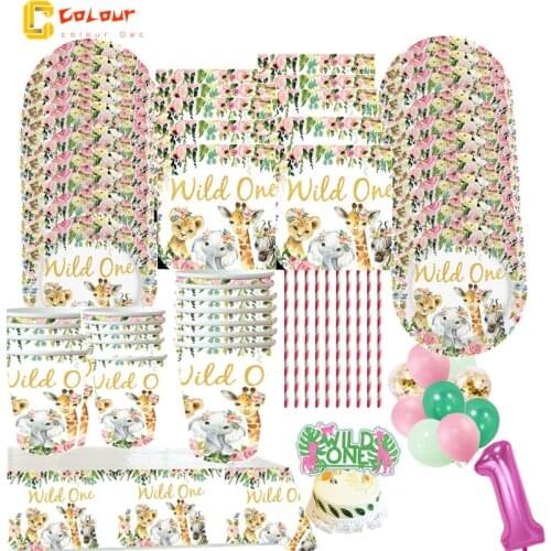92pcs Jungle Animal Tableware Set Wild One girl Birthday Party Decor Kids Forest Party Supplies Jungle Safari Theme Party Deco