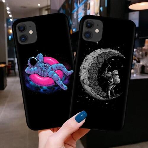 Astronaut Black Case for iPhone 12 Mini Case Soft TPU Space Moon Cover for iPhone 6S 6 7 8 Plus 11 Pro XS Max XR X Coque Fundas