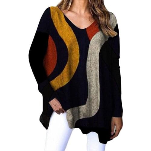 Large Size Ladies Tops Casual Loose V-Neck GEOMETRIC Loose T Shirt Loose Oversized Long Sleeve Tee Top Spring 2021 New Clothes