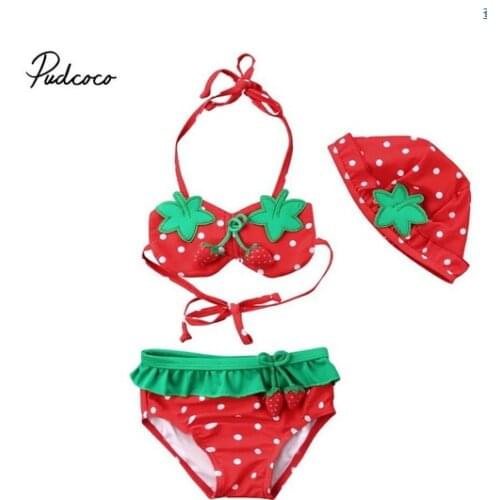 3PCS Kids Baby Girls Strawberry Pattern Bikini Set Suit Swimsuit Swimwear Bathing Swimming 1-5Y