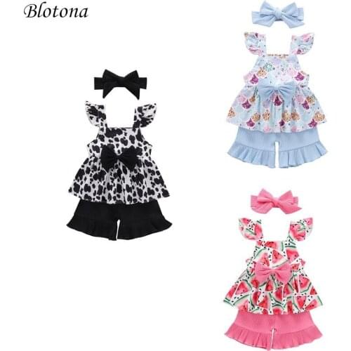 Blotona 3Pcs Girls Clothes Fresh Printing Skirt Sleeveless Top and Solid Color Ribbed Short Pants and Headband 1-5Y