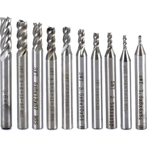 10Pcs HSS 4 Flute End Mill Milling Cutter Tool Set 1.5/2/2.5/3/3.5/4/4.5/5/5.5/6mm Straight Shank Router Bit Set CNC Tools