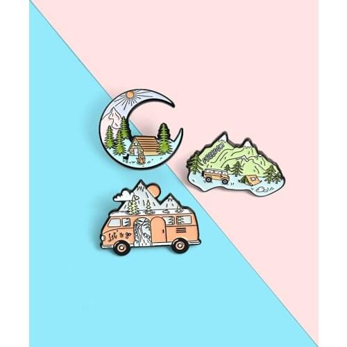 Creative Fun Outdoor Travel Car Bus Mountain Peak Enamel Pins Sunrise Moon Tent River Landscape Image Brooch Badge Punk Jewelry