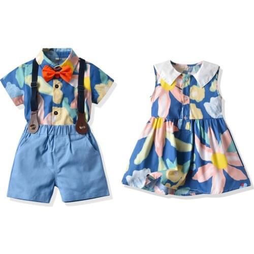 Summer Sibling Outfit Print Brother Sister Kids Matching Sets Boys Gentleman Suit Princess Girls Dress Child Clothes for 0-6Y