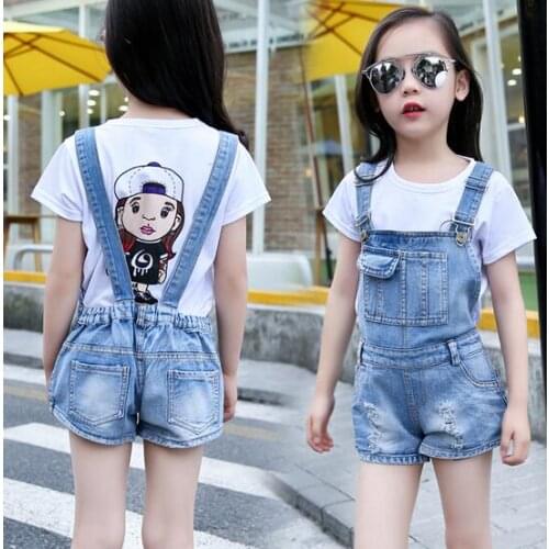 2021 Summer Childrens Clothes Girls Overalls Solid Denim Baby Girl Jeans For Girls Big Kids Causal Short Jeans Overalls