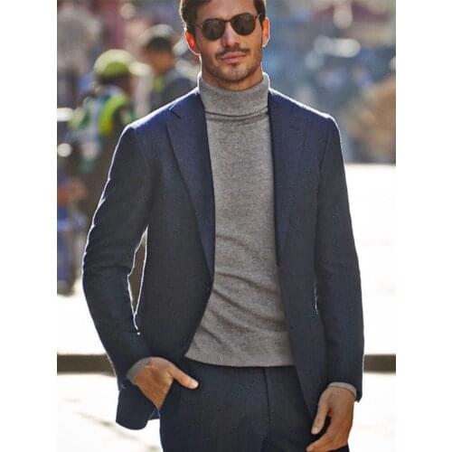 ANNIEBRITNEY Navy Blue 2 Piece Slim Fit Men Casual Suit Tailor Made Groom Wedding Tuxedo 2 Piece Prom Wedding Business Men Suit