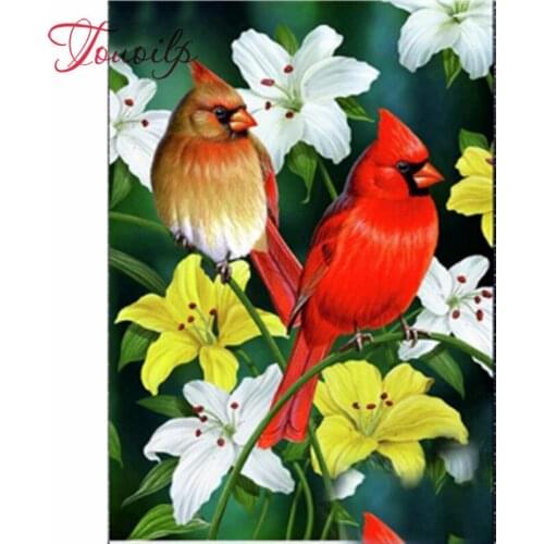 Kit de point de croix circulaire brodé, bricolage 5D peinture au diamant deux oiseaux et fleurs blanches