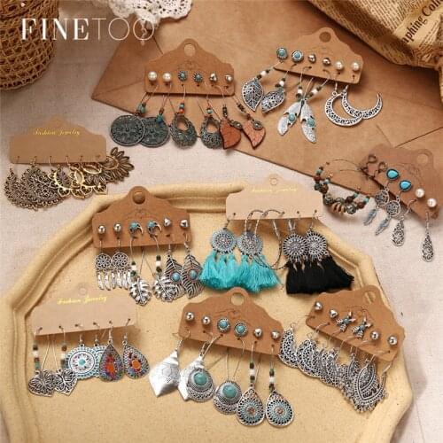 Vintage Ethnic Patina Metal Tassel Stone Drop Dangle Earrings Set Bohemian Flower Moon Feather Geometric Earrings for Women