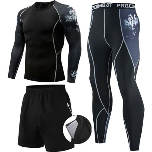 Fitness Clothing Mens Suit Three-piece Quick-drying Long-sleeved Shirt Running Sports Basketball Training Outdoor Sportswear