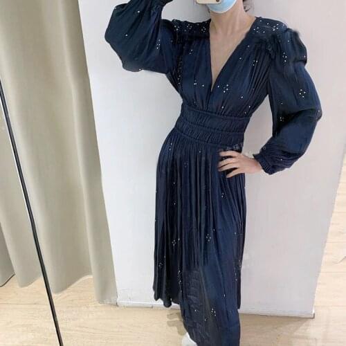 Autumn Womens Rivet Decoration Midi Dress Women Ruffles Long Sleeve Deep V Neck High Waist Retro Elastic Female Casual Dresses