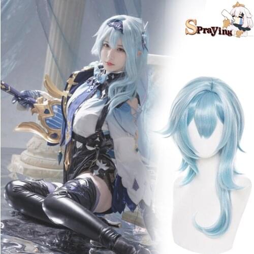 Genshin Impact Wig Eula Cosplay Bright Blue 70cm Long Heat Resistant Synthetic Wigs Halloween Masquerade Hair Anime Clothes