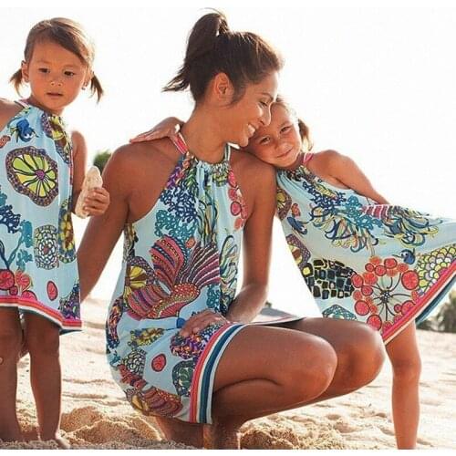 Family Matching Mini Dress Family Look Sleeveless Mother Daughter Clothes Women Kids Girls Floral Beach Mommy And Me Dresses
