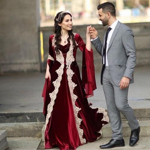 Eightale Caftan Burgundy Evening Dress Morocco Kaftan Velvet Sweetheart Arabic Dubai Appliques Long Sleeves Prom Party Dress