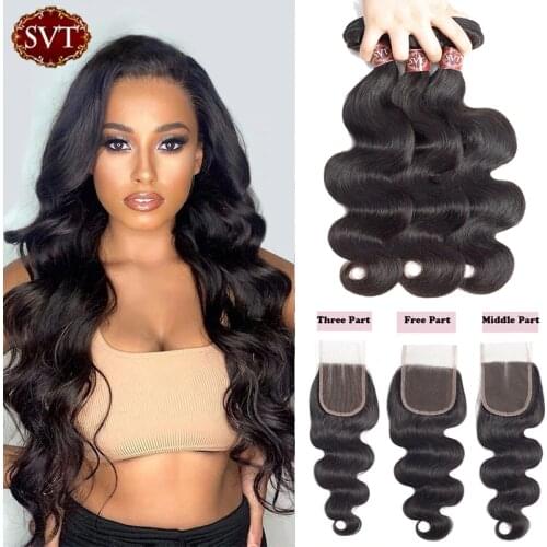 SVT Hair Malaysian Body Wave Bundles With Closure 4x4 Lace Closure With Bundles Non-Remy Human Hair 3 Bundle With Closure
