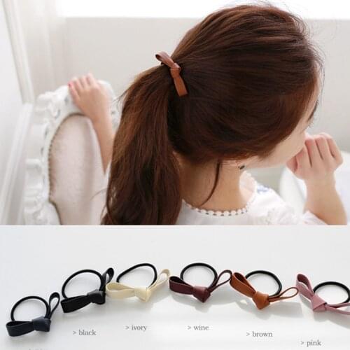 Ruoshui Woman Leather Bow Hair Ties Bowknot Scrunchies For Girl Hair Accessories Rope Gum Ladies Solid Elastic Hairband Headwear