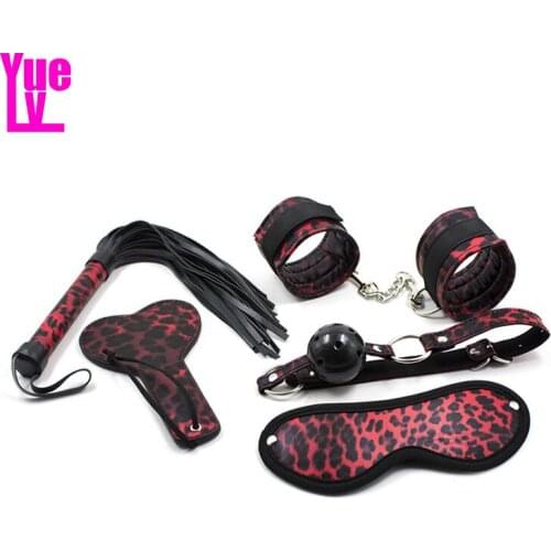 YUELV (5Pcs/Set) Leather Bondage Set Fetish Bondage Restraint Slave Gag Whip Paddle Blindfold Hand Cuffs Adult Game Sex Products