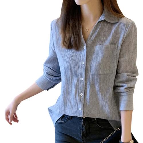 Womens Spring Autumn Style Blouse Shirt Womens Loose Turn-Down Collar Pockets Solid Color Button Korean Vintage Tops SP871
