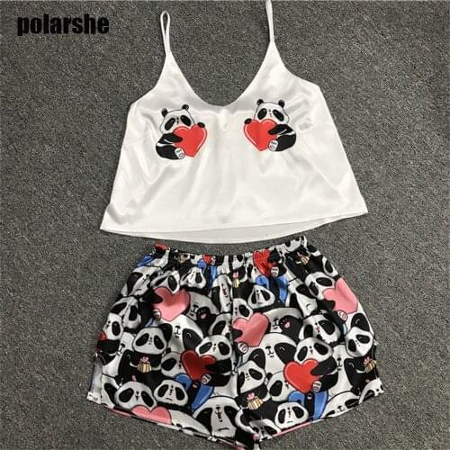 Ladies Sleepwear Pajama Set Cute Print Silk V Neck Sexy Pijama Satin Night Home Suits Wear Sleeveless Spot Patter Top and Shorts