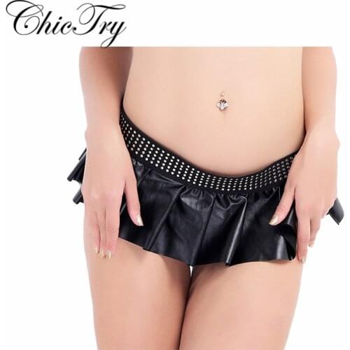 Sexy Women Ladies Faux Leather Pleated and Side Split Embellished Studded Mini Skirt Party Nightwear Clubwear Costumes Skirt