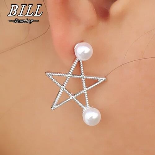 ES2040 Double Sided Womens Stud Earrings Simulated Pearls Ear Jewelry Gothic Brincos Fashion Big Star Earring HOT Selling 2018
