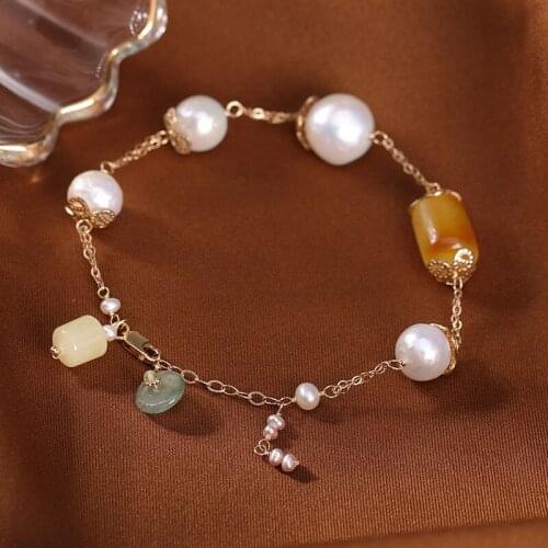 Baifuming 14K gilded bracelet natural pearl wax Jade personality retro fashion elegance ladies Bracelet