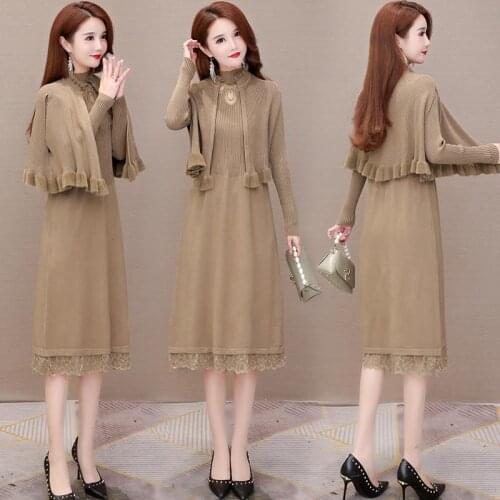 Woman Fashion Elegant Knitted 2 Pieces Suit Female Solid Color Long Sleeve Tops Ladies High Waist Long Skirt Knitted Dress Q107