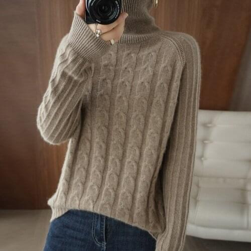 2021 new autumn and winter cashmere sweater womens high neck front newprint solid color loose 100% wool knitted bottomed