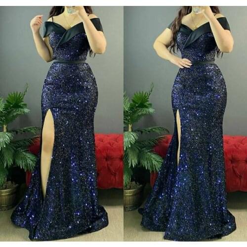 Long V-Neck Mermaid Sequin Evening Dresses with Slit Floor Length Zipper Black Abendkleider Formal Party Dress for Women